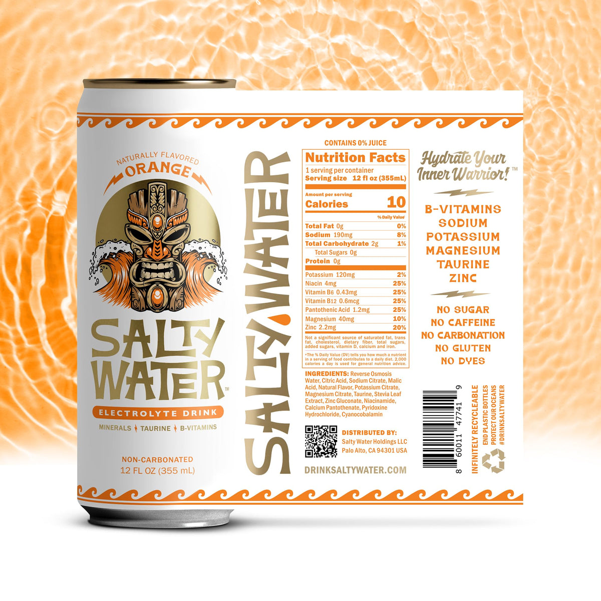 SaltyWater orange electrolyte drink in a glass ready to sip