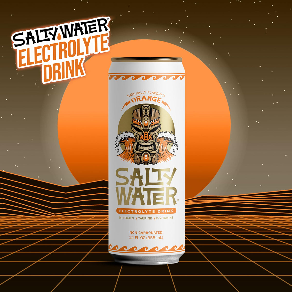 SaltyWater orange electrolyte drink label highlighting zero sugar