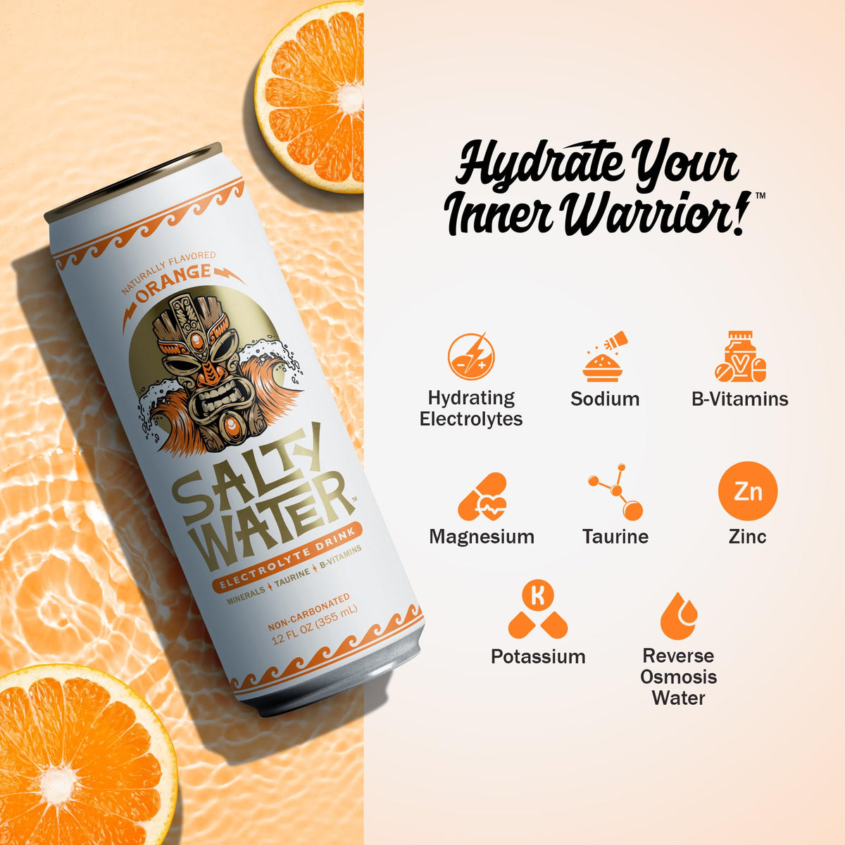 SaltyWater orange electrolyte drink being poured