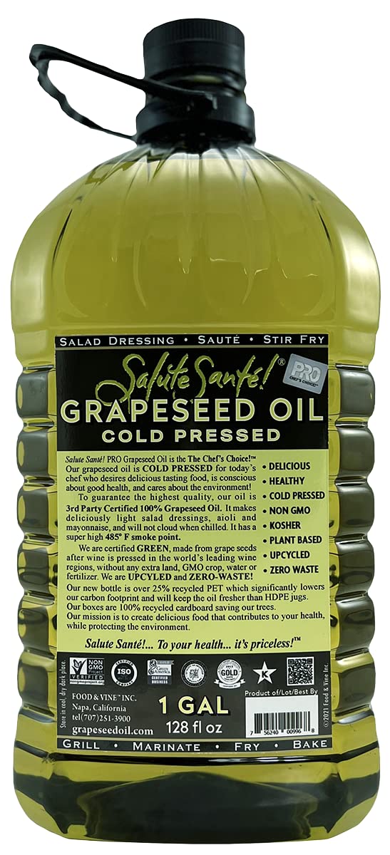 Salute Sante grapeseed oil bottle ready for high-heat cooking