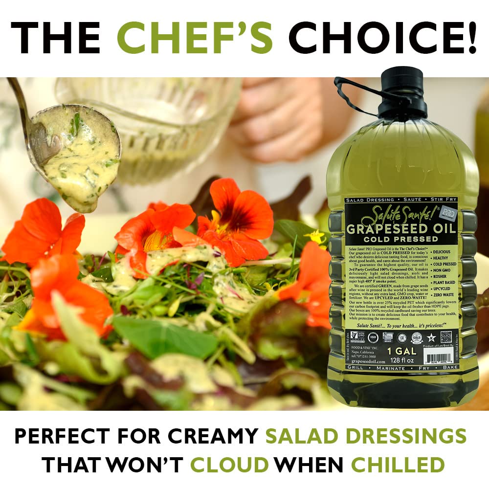 Close-up of Salute Sante label on grapeseed oil bottle highlighting clean flavor