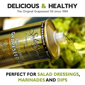 Salute Sante Grapeseed Oil label closeup highlighting cold-pressed processing