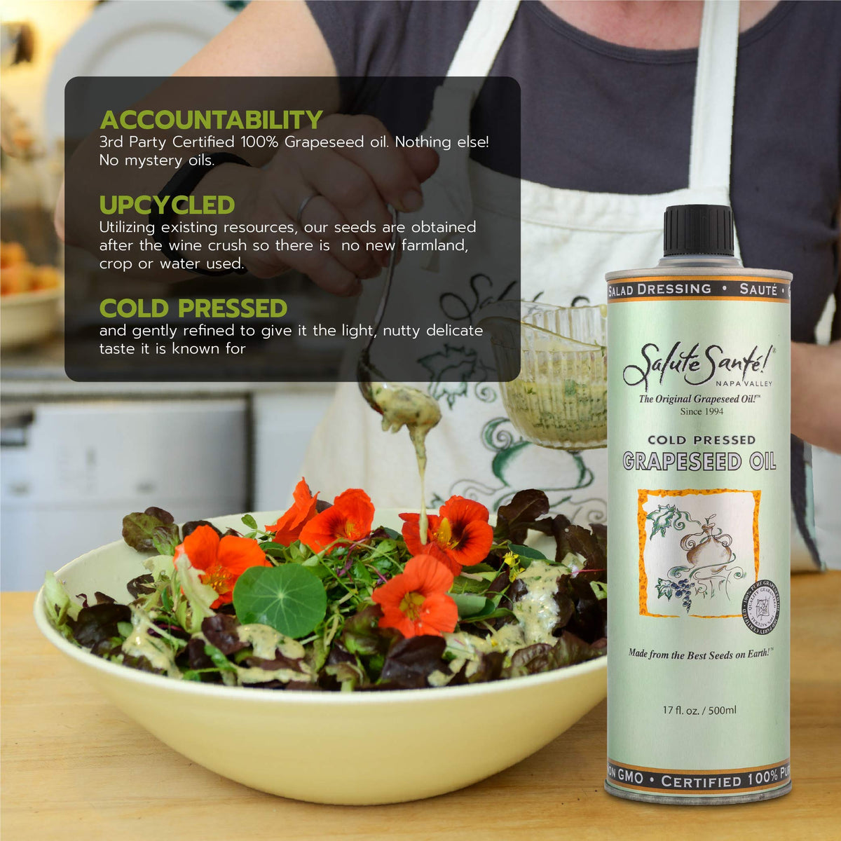 Salute Sante Grapeseed Oil pan fry scene showing crisp textures