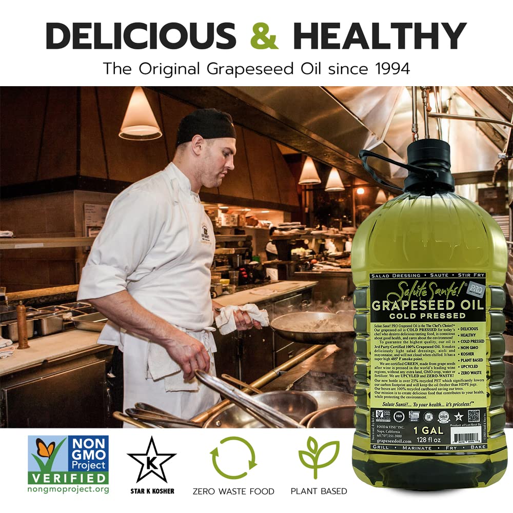 Salute Sante grapeseed oil being poured for sautéing