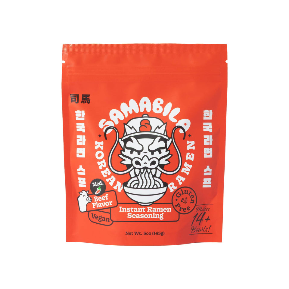 SAMABILA Korean Beef Ramen Seasoning Powder packaging shows gluten free vegan friendly formula