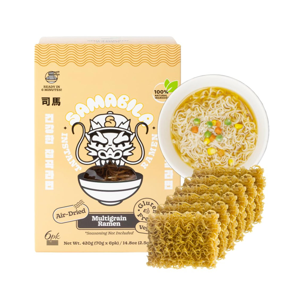 SAMABILA multigrain ramen six-pack closeup, ready for quick, convenient meals