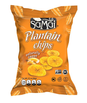 SAMAI Naturally Sweet Plantain Chips in bag offering gluten-free, on-the-go snacking