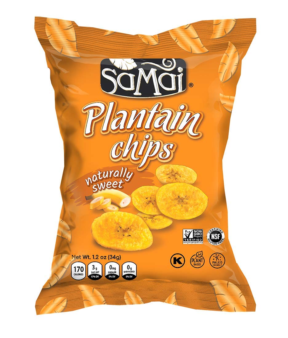 SAMAI Naturally Sweet Plantain Chips in bag offering gluten-free, on-the-go snacking