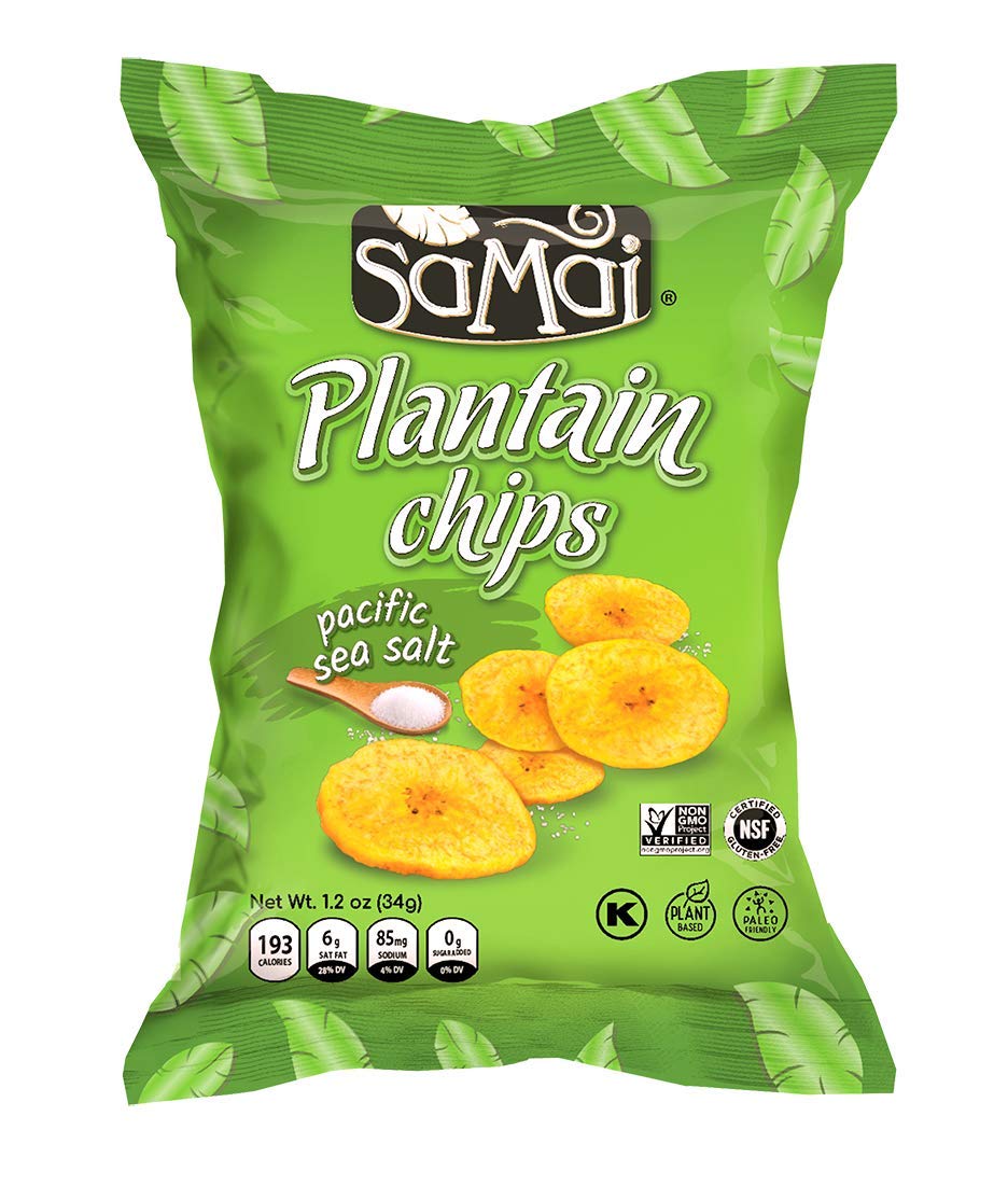 Samai Pacific Sea Salt Plantain Chips pack of 36, gluten-free and kosher certified.