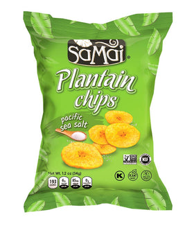 Samai Pacific Sea Salt Plantain Chips pack of 36, gluten-free and kosher certified.