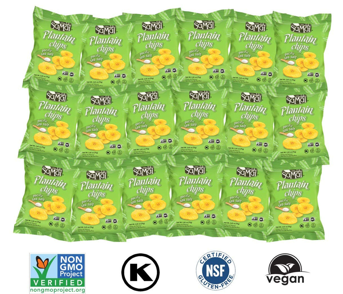 Samai 15-pack plantain chips provide convenient, shareable snacking on the go.