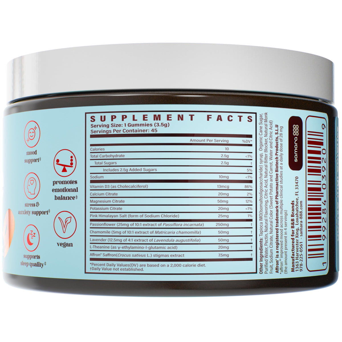 Samara 888 saffron gummies back-of-package shot with nutrition details