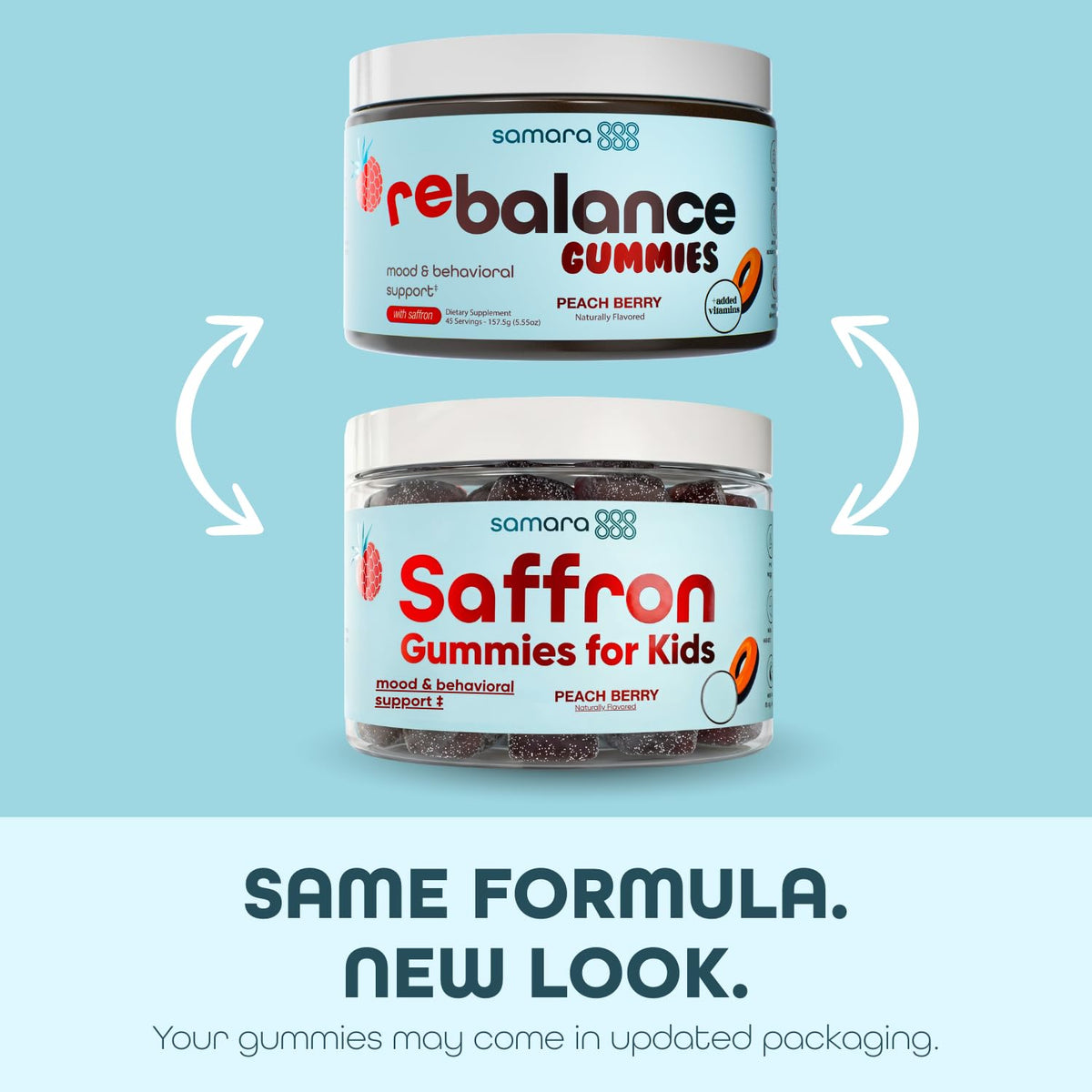 Samara 888 saffron gummies bottle on wood showcases peach berry flavor