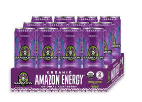 Sambazon Amazon Energy Original bottle 12oz showcases vibrant berry flavor and sparkling refreshment.