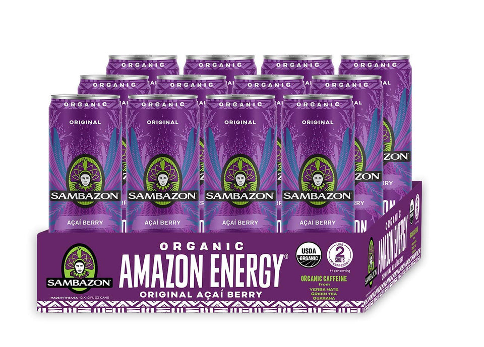 Sambazon Amazon Energy Original bottle 12oz showcases vibrant berry flavor and sparkling refreshment.