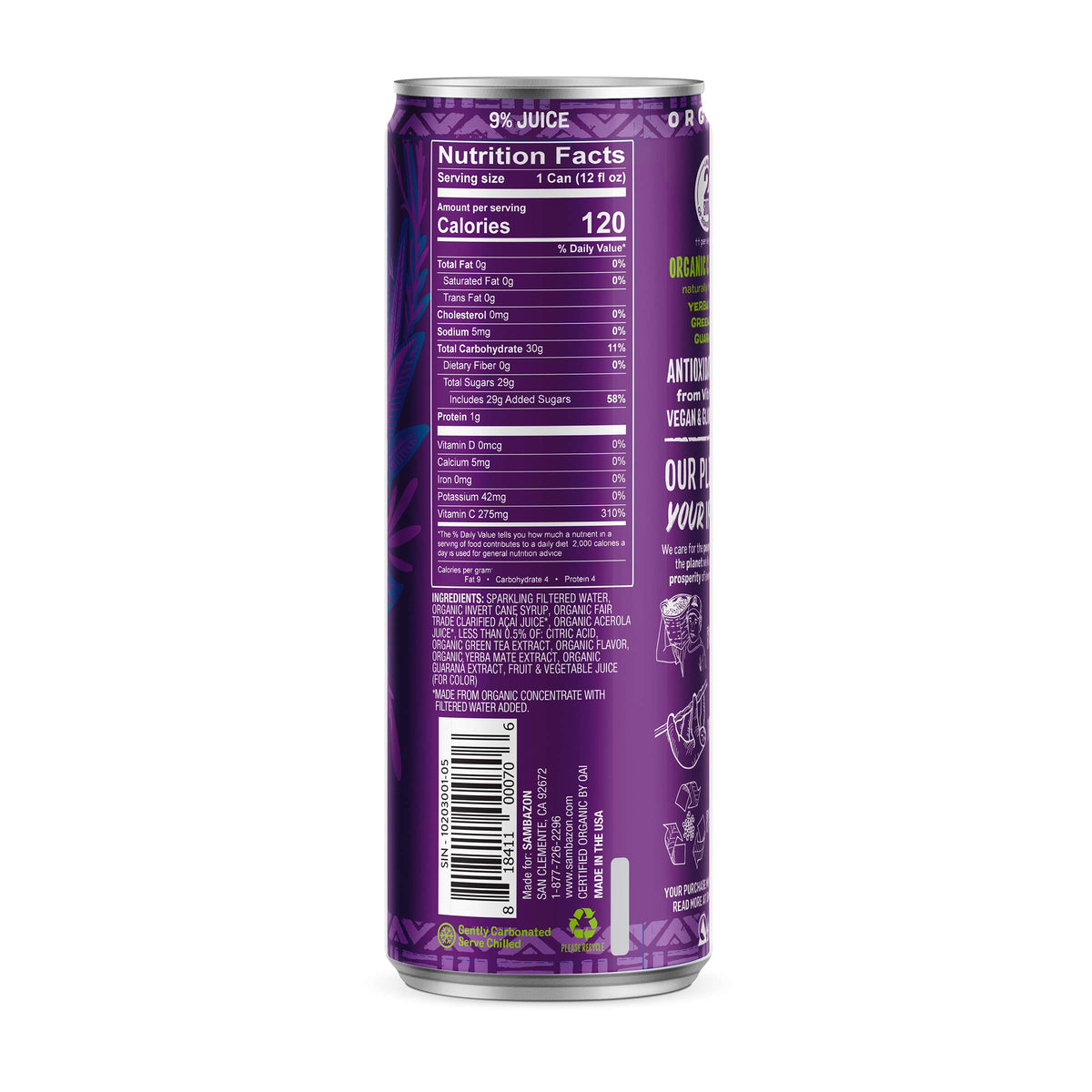 Sambazon Amazon Energy Original label close-up highlights USDA Organic and Fair Trade açai.