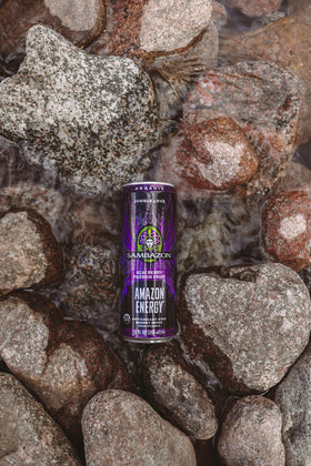 Sambazon plant-based caffeine sources image shows yerba mate, green tea, and guaraná for clean energy.