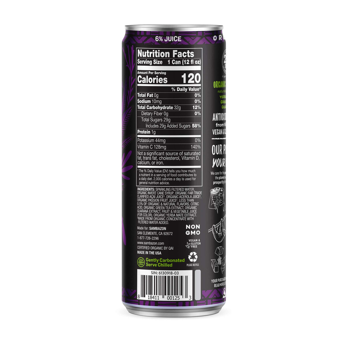 Sambazon Jungle Love energy drink label highlights organic, vegan, and fair trade credentials for conscious choices.
