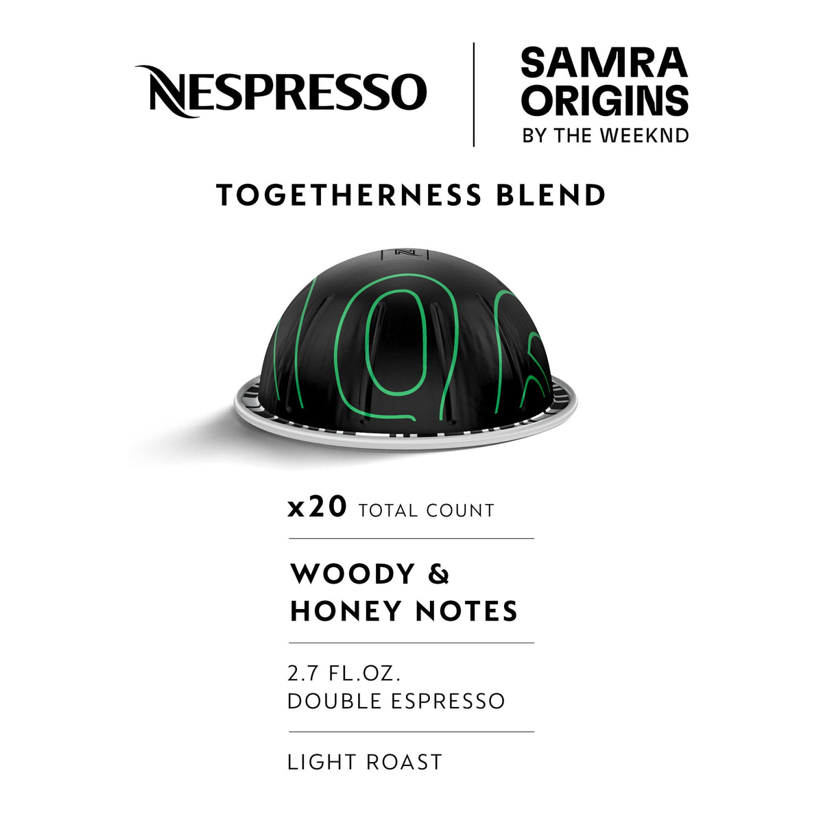 SAMRA ORIGINS Togetherness Blend capsules close-up for vibrant double espresso flavor.