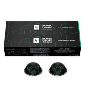 SAMRA ORIGINS Togetherness Blend packaging with sleeves of Vertuo capsules for tasty mornings.