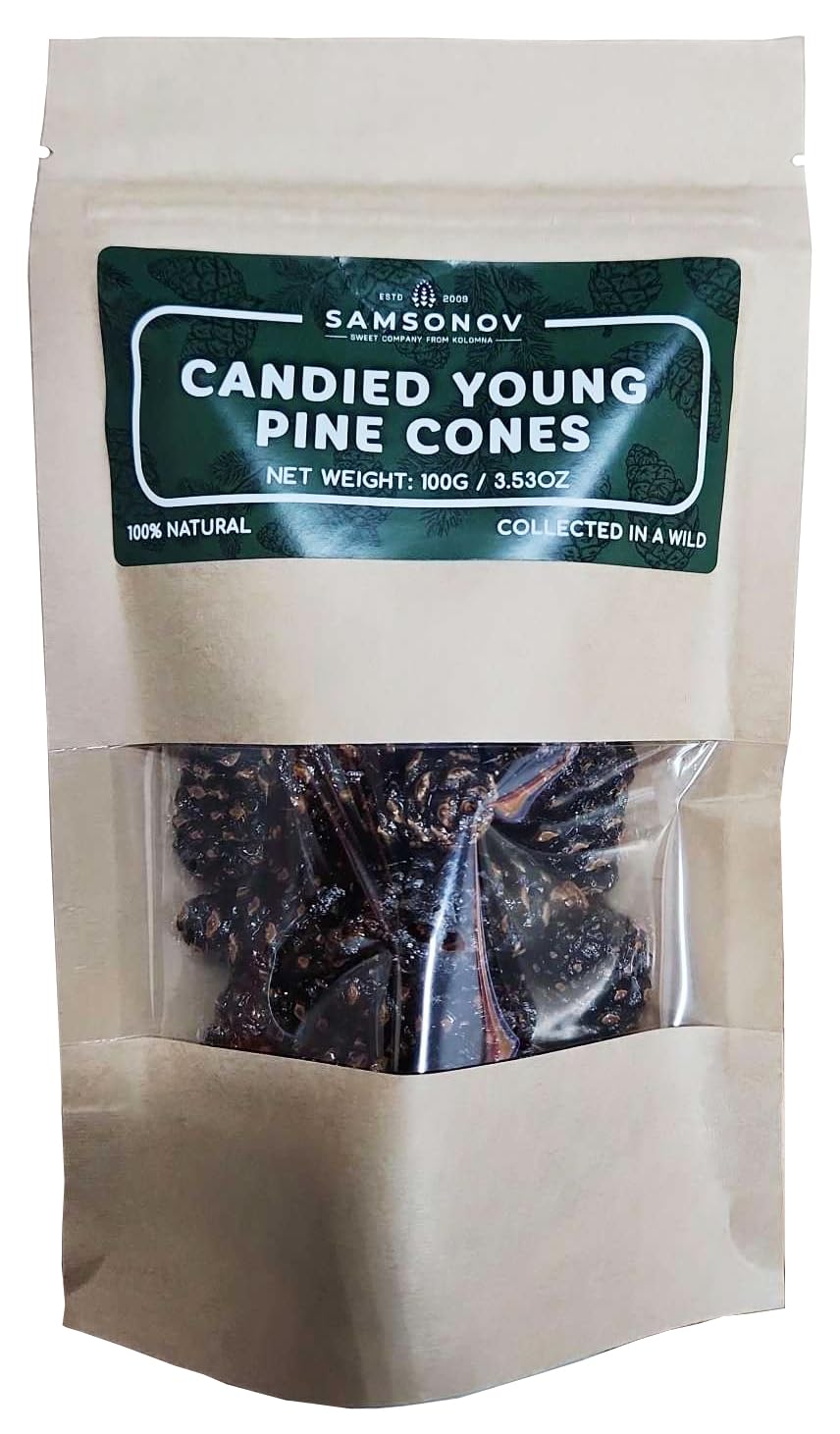 Samsonov Candied Pine Cones packaging with zip bag for easy storage.