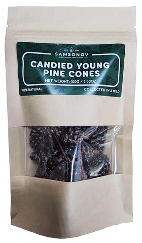 Samsonov Candied Pine Cones packaging with zip bag for easy storage.