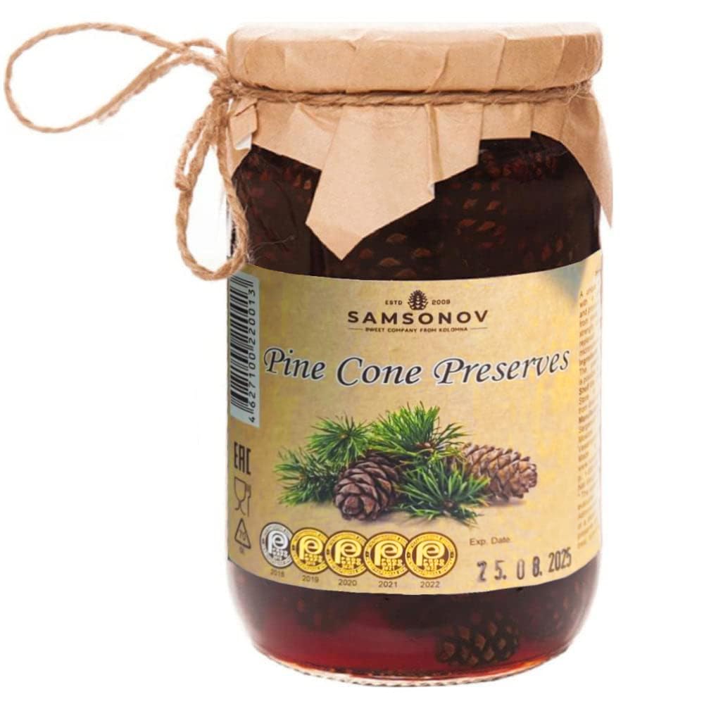 Samsonov pine cone jam jar with rich syrup texture and pine aroma