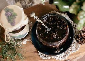 Close-up of Samsonov pine cone preserves with visible cones and unique flavor