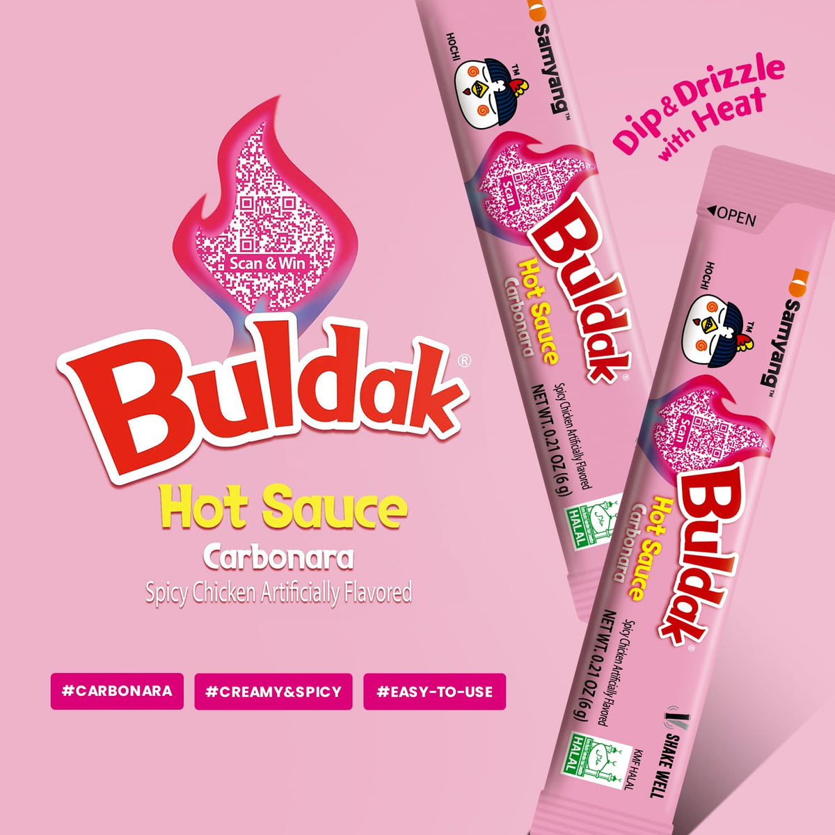 Samyang Buldak Carbonara sachet pack demonstrates portable spice for on-the-go meals.