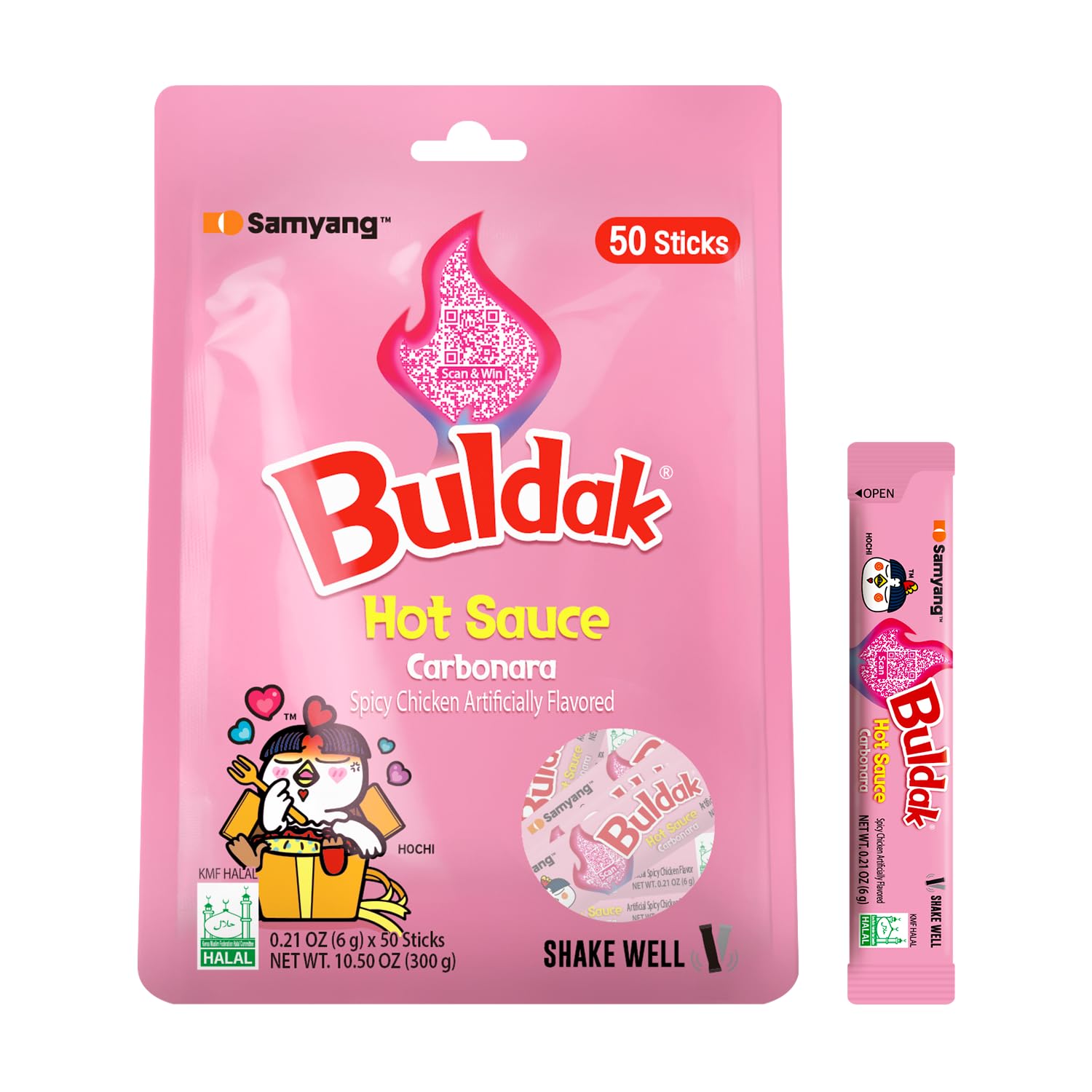 Samyang Buldak Carbonara sachet pour shows convenient single-serving flavor boost for meals.