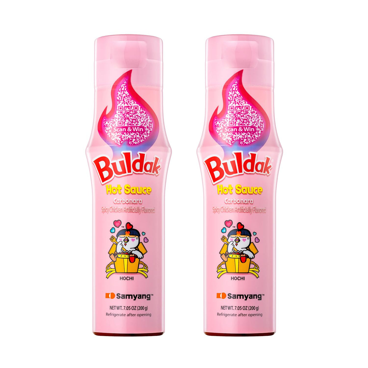 Samyang Buldak carbonara sauce bottle ready to spice up noodles and rice.