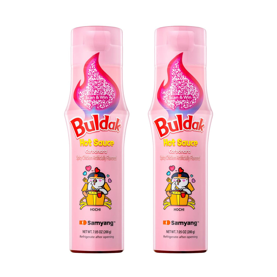 Samyang Buldak carbonara sauce bottle ready to spice up noodles and rice.