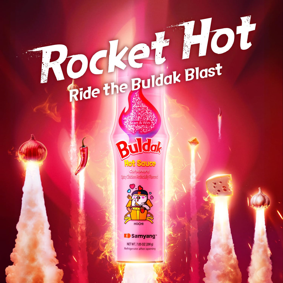 Pouring Samyang Buldak carbonara sauce shows creamy texture and fiery kick.