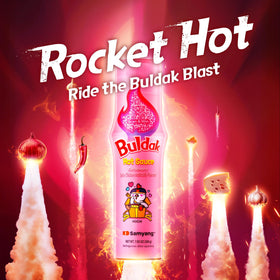 Pouring Samyang Buldak carbonara sauce shows creamy texture and fiery kick.