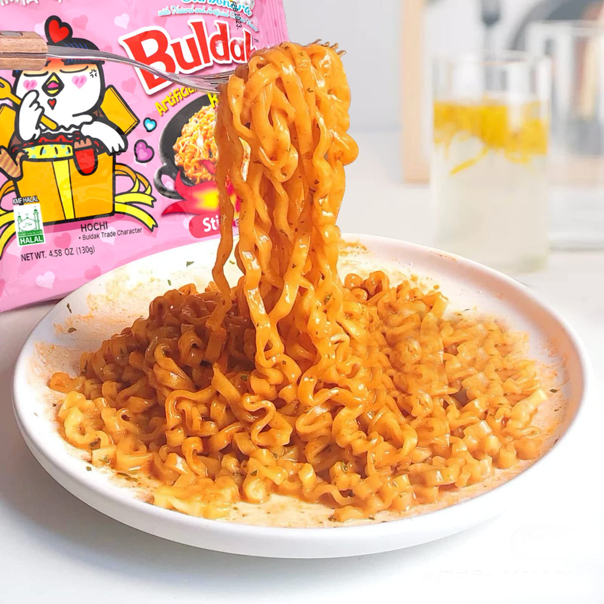 Samyang Buldak ramen bowl image highlights easy prep and fiery flavor for busy weeknights.