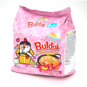 Samyang Buldak Carbonara ramen pack image showing bold noodles for a quick spicy meal.