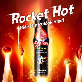Samyang Buldak Original bottle pour highlighting spicy sauce for ramen
