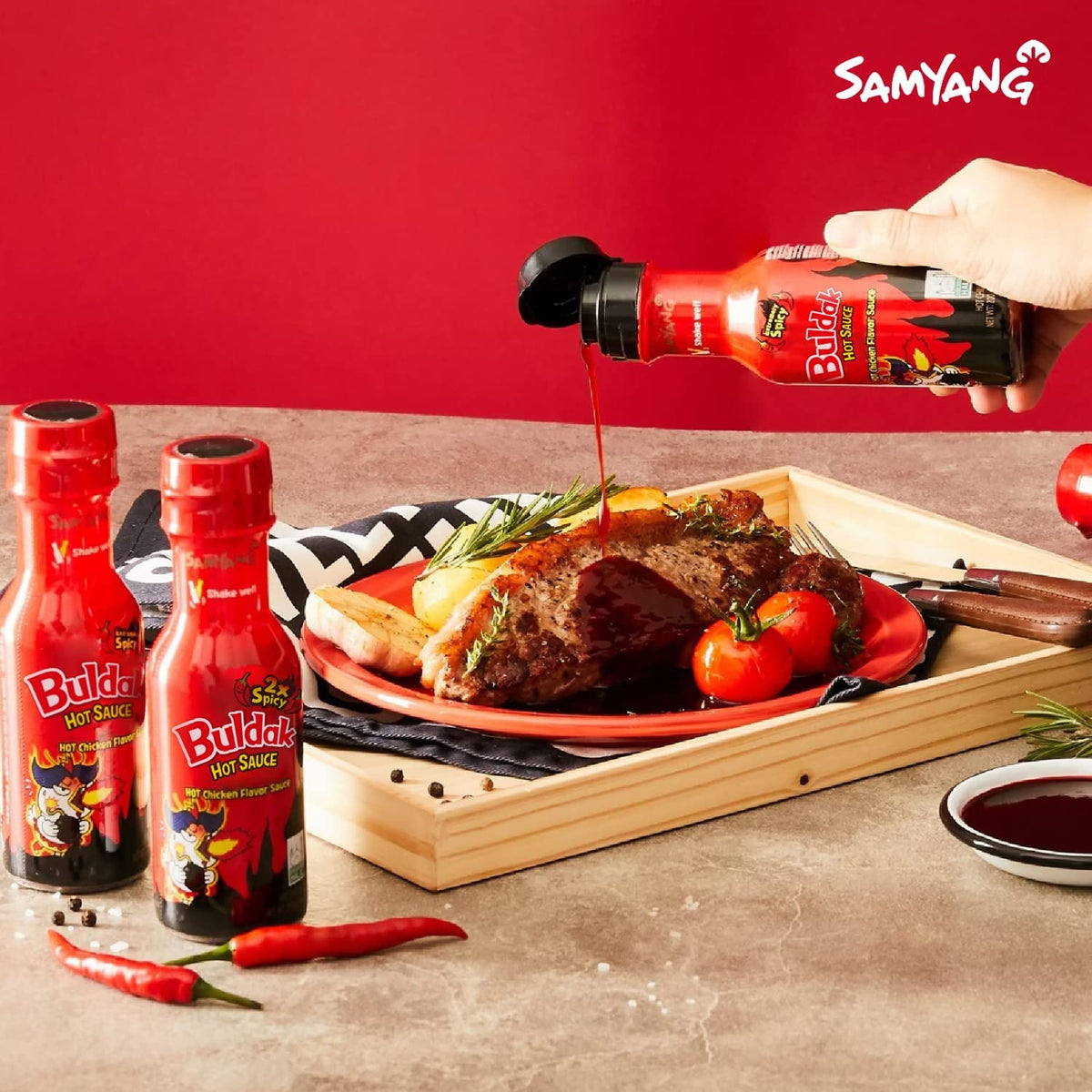 Dipping bowl with Bulldark Spicy sauce for heat and depth