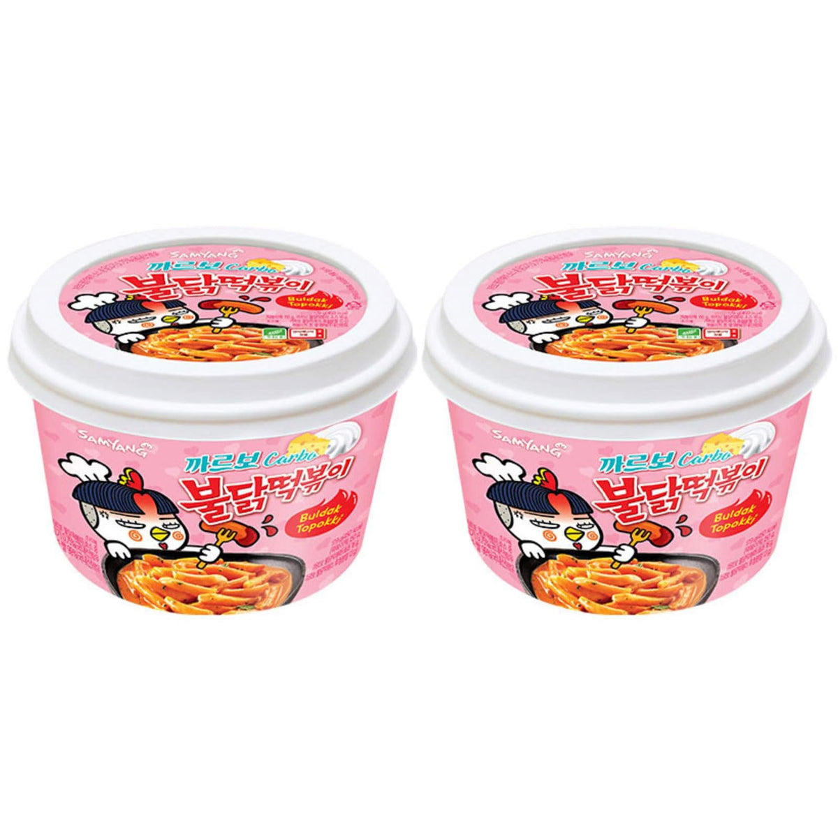 Samyang Carbo Buldak 2-pack front view showing convenient instant meal option.
