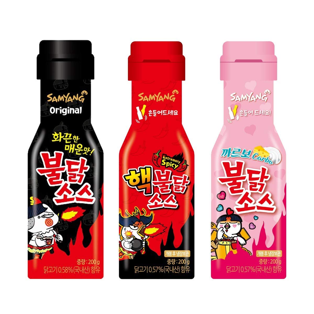 Samyang Carbo Bulldark spicy chicken roasted sauce bottle close-up highlights bold flavor.