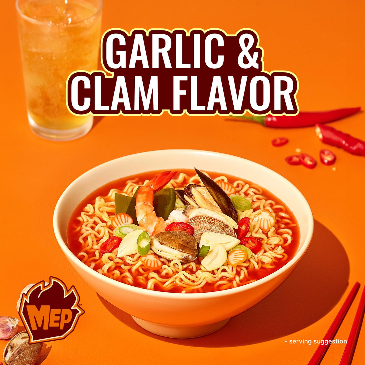 Samyang MEP Garlic Clam Ramen ingredients with clams, shrimp, squid.