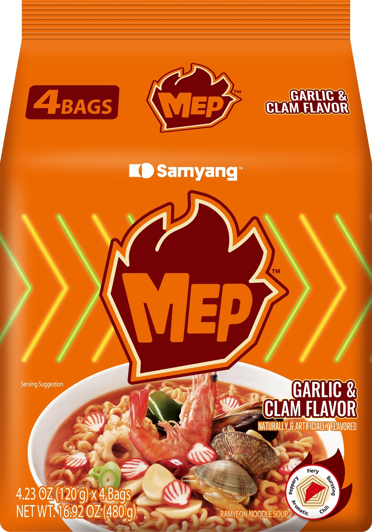 Samyang MEP Garlic Clam Ramen pack of 4, convenient for quick family meals.