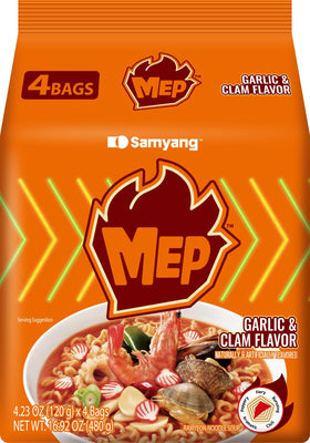 Samyang MEP Garlic Clam Ramen pack of 4, convenient for quick family meals.