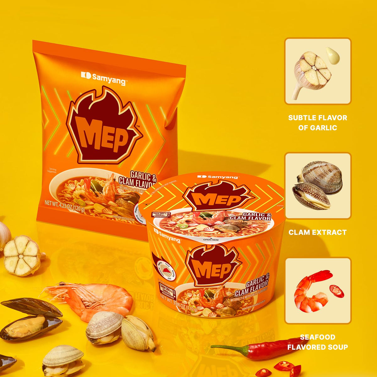 Samyang MEP Garlic Clam Ramen packaging on shelf, ready for pantry.