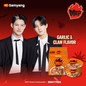 Samyang MEP Garlic Clam Ramen spicy sauce drops, inviting heat.