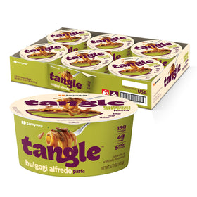 Samyang Tangle Bulgogi Alfredo Cup showcases creamy protein pasta and rich flavor.