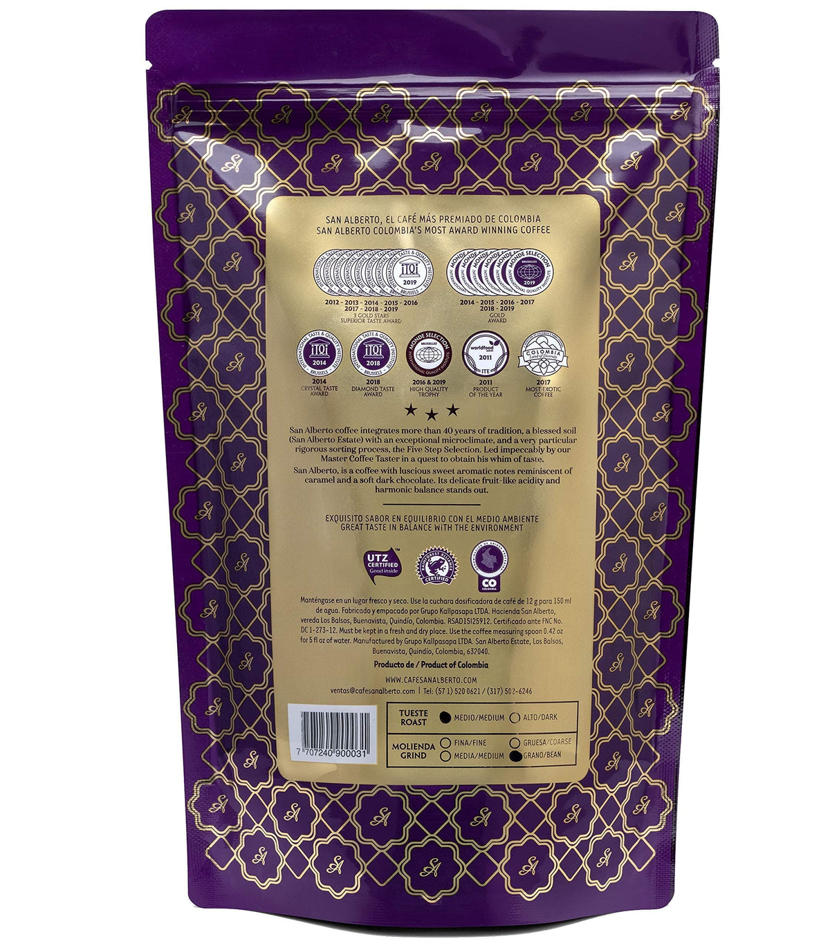 San Alberto single-origin Colombia label on bag showing traceable quality