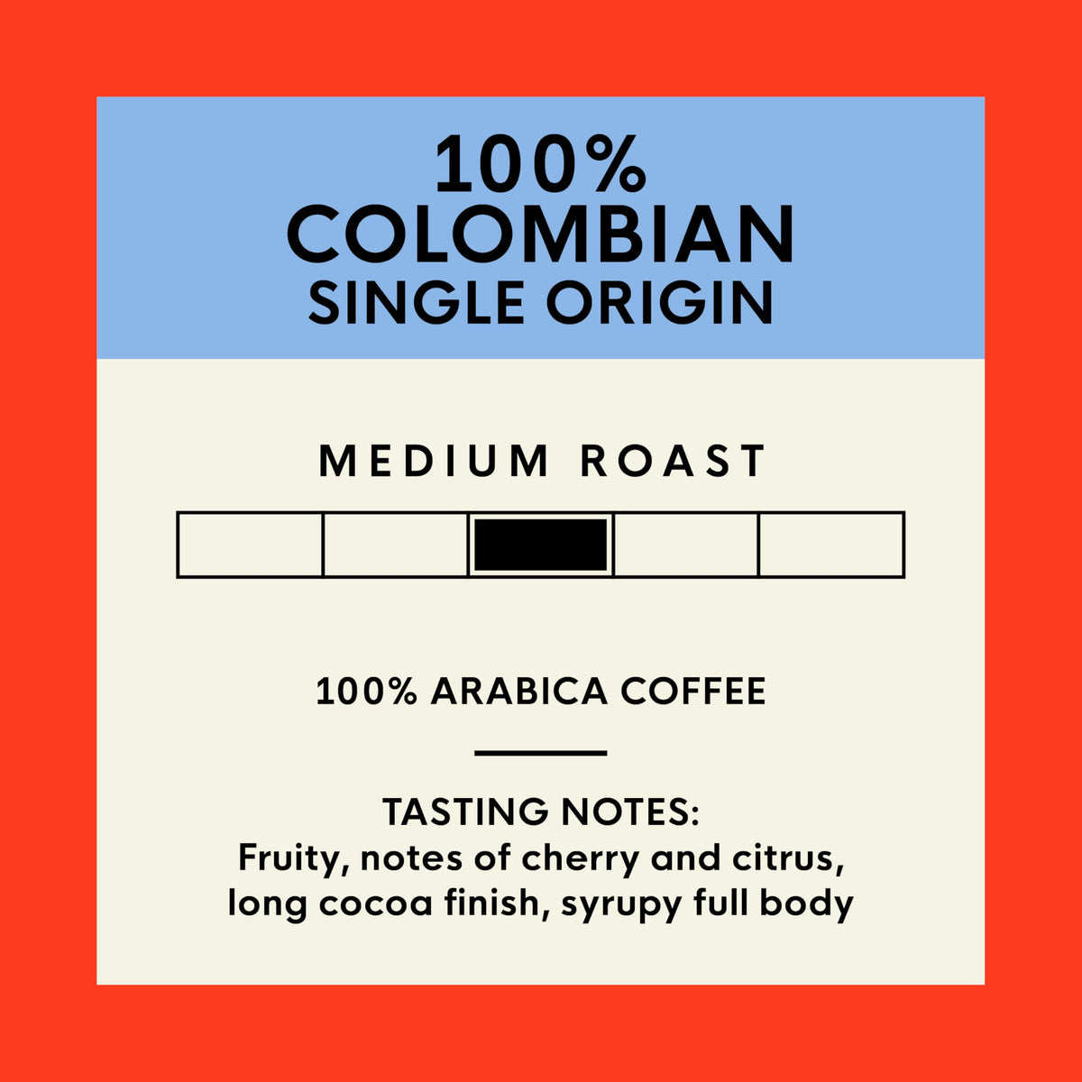 San Francisco Bay 100% Colombian beans label for vibrant flavor.