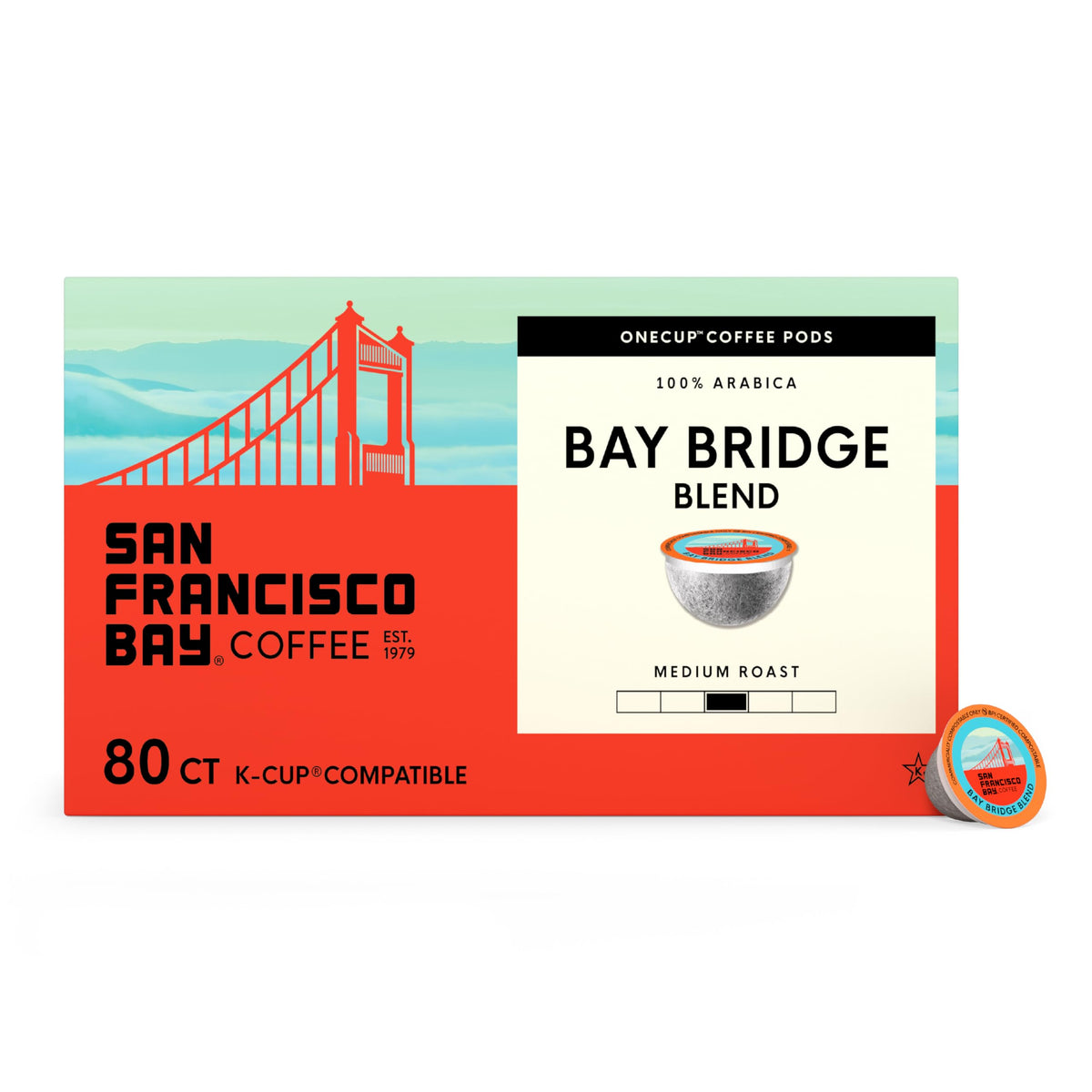 San Francisco Bay Bay Bridge Blend packaging highlighting responsible sourcing and premium flavor.