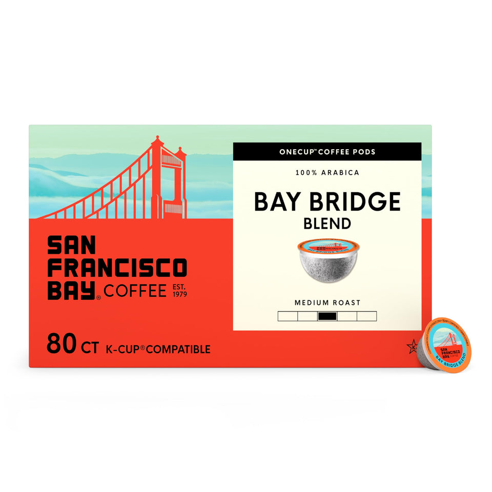 San Francisco Bay Bay Bridge Blend packaging highlighting responsible sourcing and premium flavor.